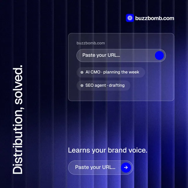 Instagram post for BuzzBomb: "Distribution, solved." Agentic glass style, vertical layout, dark palette in black, blue.