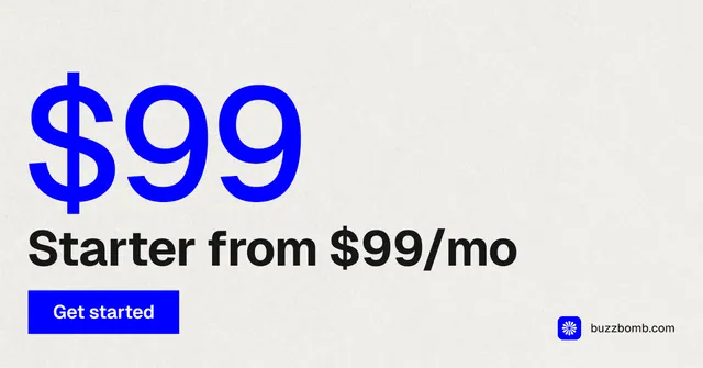 Social ad for BuzzBomb: "Paste your URL." Swiss style, stat layout, light palette in white, blue.