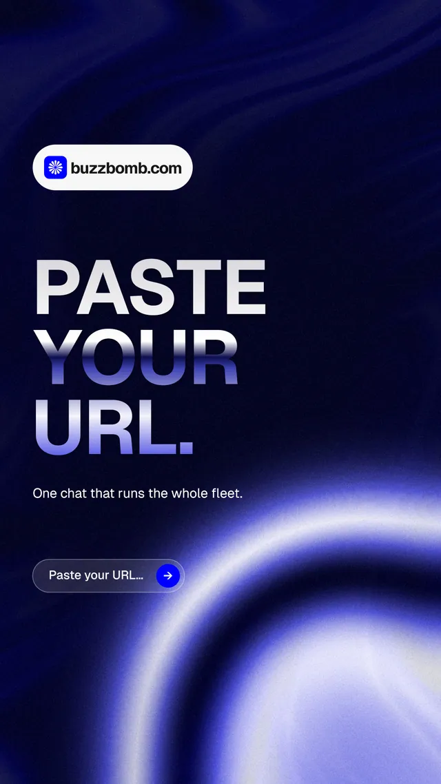 Instagram story for BuzzBomb: "Paste your URL." Agentic glass style, announce layout, dark palette in black, blue.
