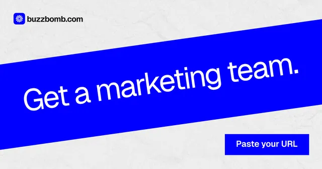 Social ad for BuzzBomb: "Get a marketing team." Swiss style, diagonal layout, light palette in blue, white.