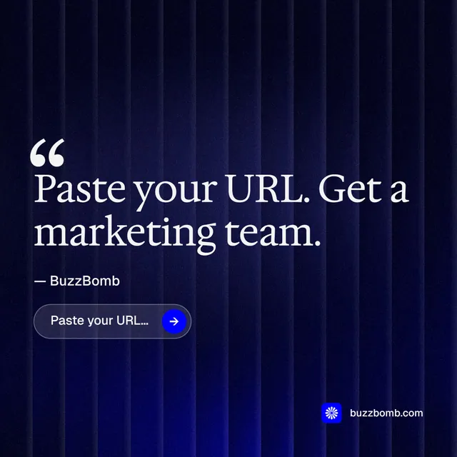 Instagram post for BuzzBomb: "Your AI marketing team." Agentic glass style, quote layout, dark palette in black, blue.