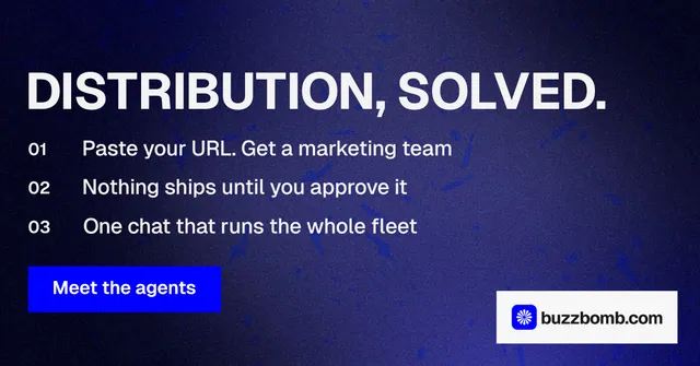 Social ad for BuzzBomb: "Distribution, solved." Swiss style, numbered layout, dark palette in blue, black, grey.