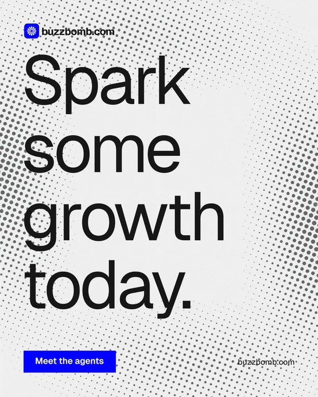 Instagram portrait post for BuzzBomb: "Spark some growth today." Swiss style, poster layout, light palette in white, grey.