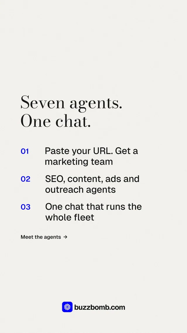 Instagram story for BuzzBomb: "Seven agents. One chat." Minimal luxury style, numbered layout, light palette in white, grey.