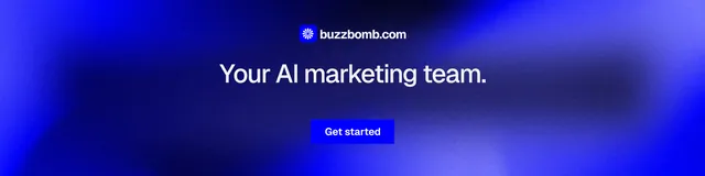 LinkedIn banner for BuzzBomb: "Your AI marketing team." Swiss style, centred layout, dark palette in blue.