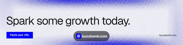 LinkedIn banner for BuzzBomb: "Spark some growth today." Swiss style, poster layout, light palette in white, blue.