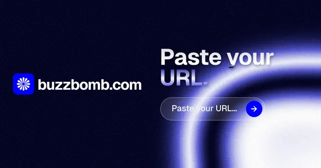Social ad for BuzzBomb: "Paste your URL." Agentic glass style, logo hero layout, dark palette in black, blue.