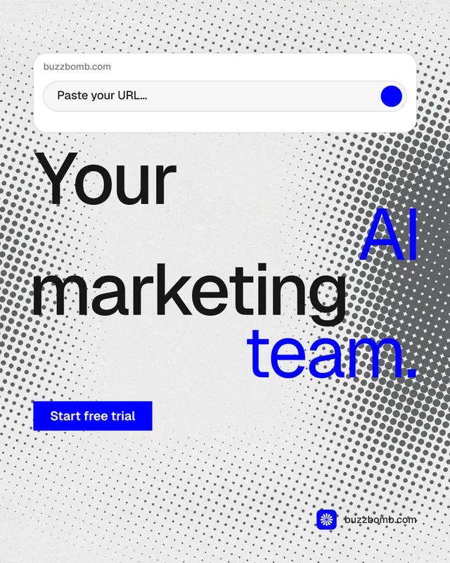 Instagram portrait post for BuzzBomb: "Your AI marketing team." Swiss style, stacked layout, light palette in white, grey.