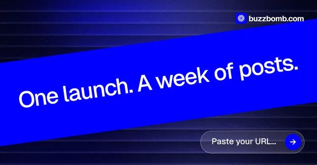 Social ad for BuzzBomb: "One launch. A week of posts." Agentic glass style, diagonal layout, dark palette in blue.