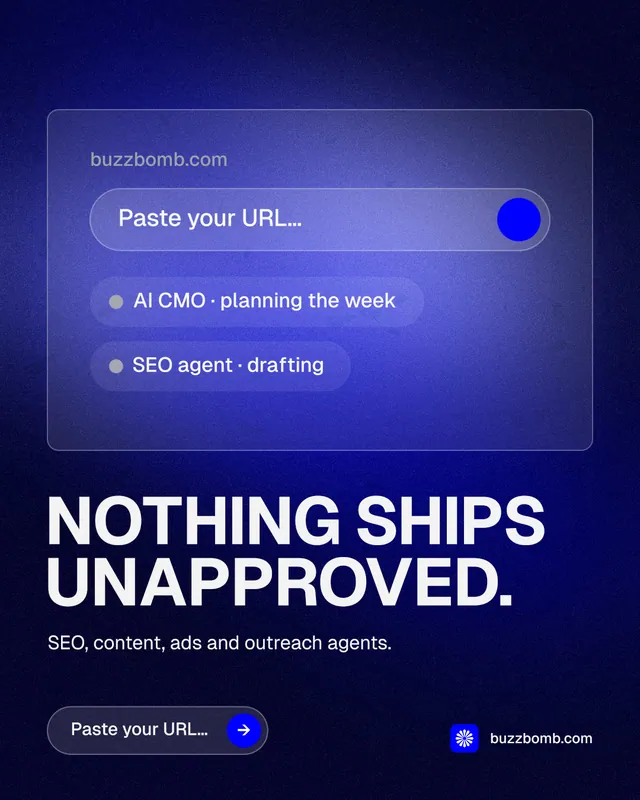 Instagram portrait post for BuzzBomb: "Nothing ships unapproved." Agentic glass style, bottom layout, dark palette in blue, black.