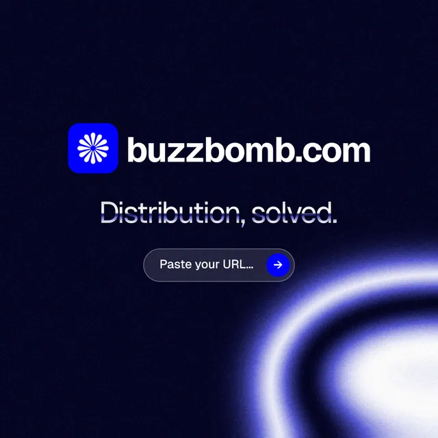 Instagram post for BuzzBomb: "Distribution, solved." Agentic glass style, logo hero layout, dark palette in black, blue.
