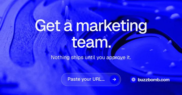 Social ad for BuzzBomb: "Get a marketing team." Agentic glass style, centred layout, dark palette in blue.