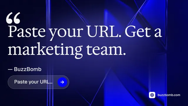 Landscape graphic for BuzzBomb: "Your AI marketing team." Agentic glass style, quote layout, dark palette in black, blue, grey.
