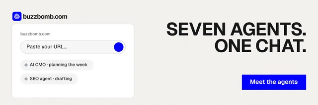 X header for BuzzBomb: "Seven agents. One chat." Swiss style, right layout, light palette in white, blue.