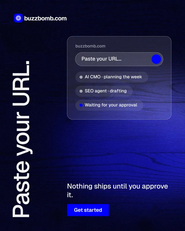 Instagram portrait post for BuzzBomb: "Paste your URL." Swiss style, vertical layout, dark palette in black, blue.