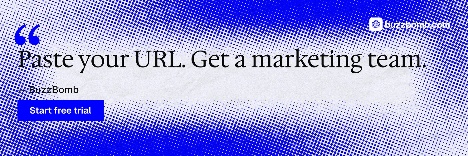 X header for BuzzBomb: "Get a marketing team." Swiss style, quote layout, light palette in blue, white.