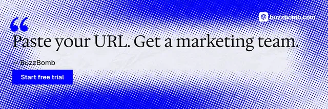 X header for BuzzBomb: "Get a marketing team." Swiss style, quote layout, light palette in blue, white.