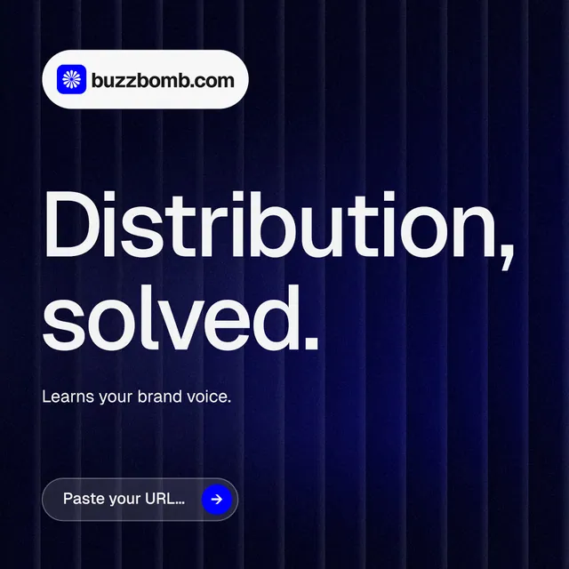 Instagram post for BuzzBomb: "Distribution, solved." Agentic glass style, announce layout, dark palette in black, blue, grey.