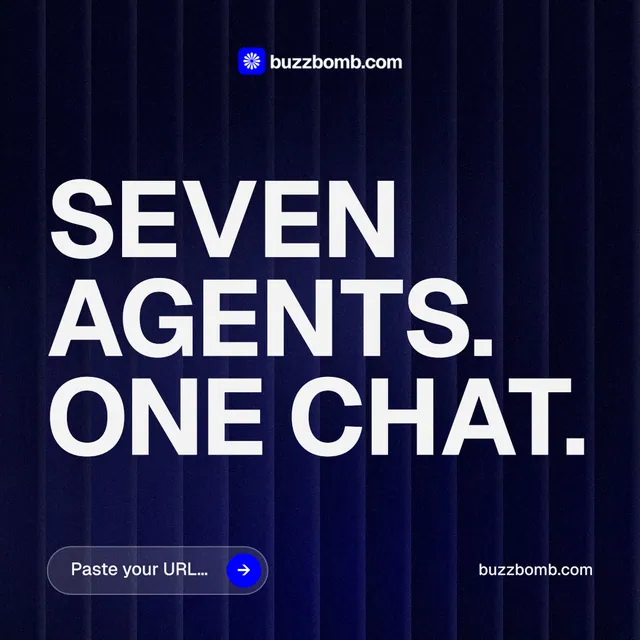 Instagram post for BuzzBomb: "Seven agents. One chat." Agentic glass style, poster layout, dark palette in black, blue, white.
