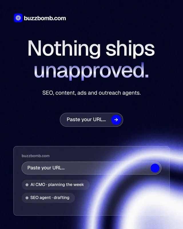 Instagram portrait post for BuzzBomb: "Nothing ships unapproved." Agentic glass style, centred layout, dark palette in black, blue.