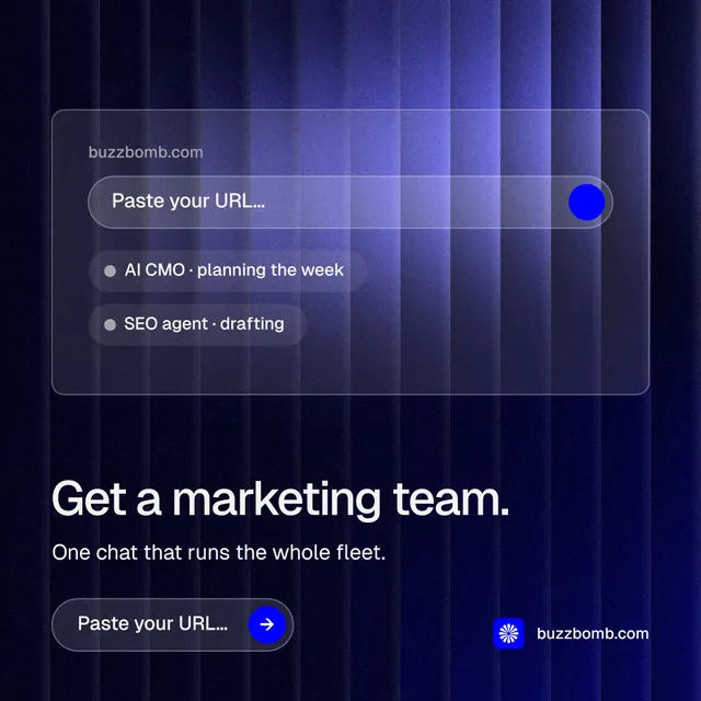Instagram post for BuzzBomb: "Get a marketing team." Agentic glass style, bottom layout, dark palette in black, blue.