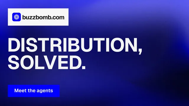 Landscape graphic for BuzzBomb: "Distribution, solved." Swiss style, announce layout, dark palette in blue.