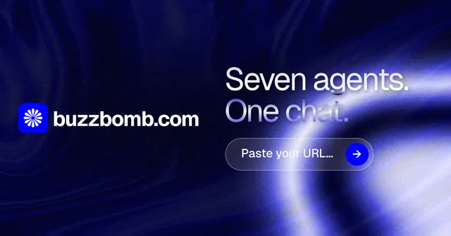 Social ad for BuzzBomb: "Seven agents. One chat." Agentic glass style, logo hero layout, dark palette in black, blue.