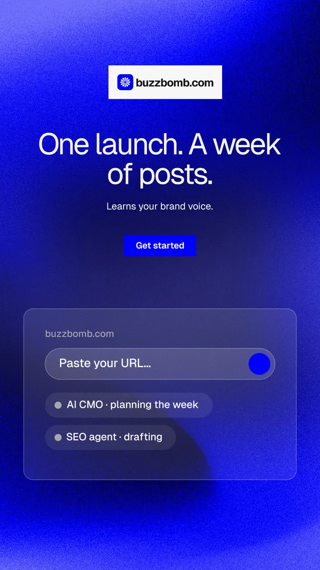 Instagram story for BuzzBomb: "One launch. A week of posts." Swiss style, centred layout, dark palette in blue.