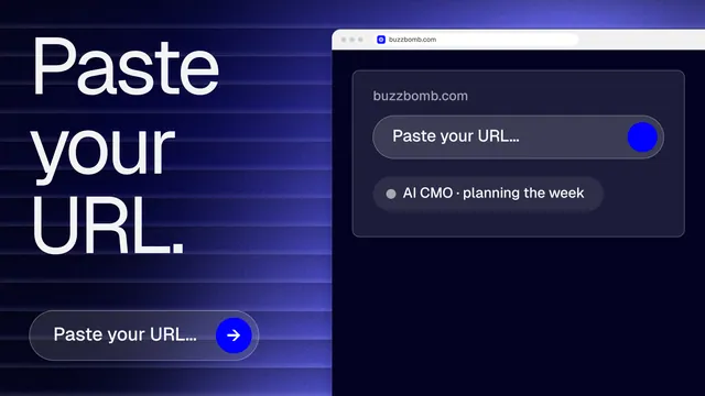 Landscape graphic for BuzzBomb: "Paste your URL." Agentic glass style, browser layout, dark palette in black, blue.
