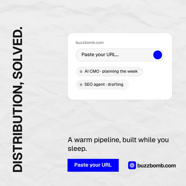 Instagram post for BuzzBomb: "Distribution, solved." Swiss style, vertical layout, light palette in white, blue.