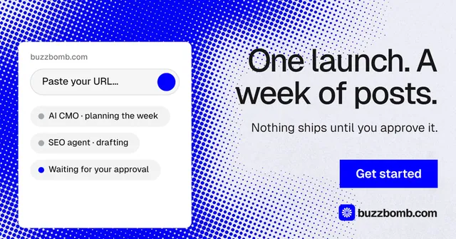 Social ad for BuzzBomb: "One launch. A week of posts." Swiss style, right layout, light palette in white, blue.