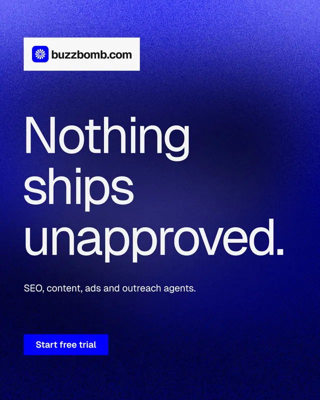 Instagram portrait post for BuzzBomb: "Nothing ships unapproved." Swiss style, announce layout, dark palette in blue.