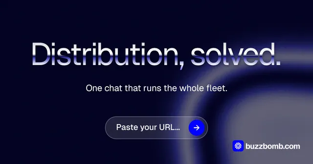 Social ad for BuzzBomb: "Distribution, solved." Agentic glass style, centred layout, dark palette in black, grey, blue.