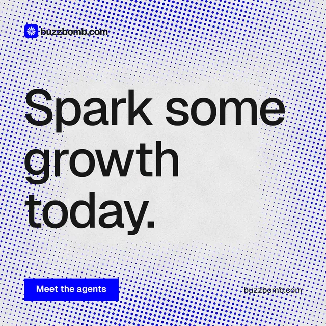 Instagram post for BuzzBomb: "Spark some growth today." Swiss style, poster layout, light palette in blue, white.