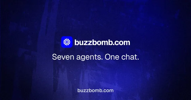 Social ad for BuzzBomb: "Seven agents. One chat." Agentic glass style, end card layout, dark palette in black, blue.