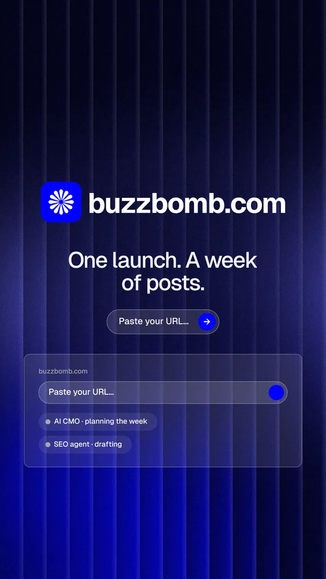 Instagram story for BuzzBomb: "One launch. A week of posts." Agentic glass style, logo hero layout, dark palette in black, blue.