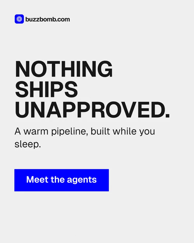 Instagram portrait post for BuzzBomb: "Nothing ships unapproved." Swiss style, skeleton layout, light palette in white, blue.