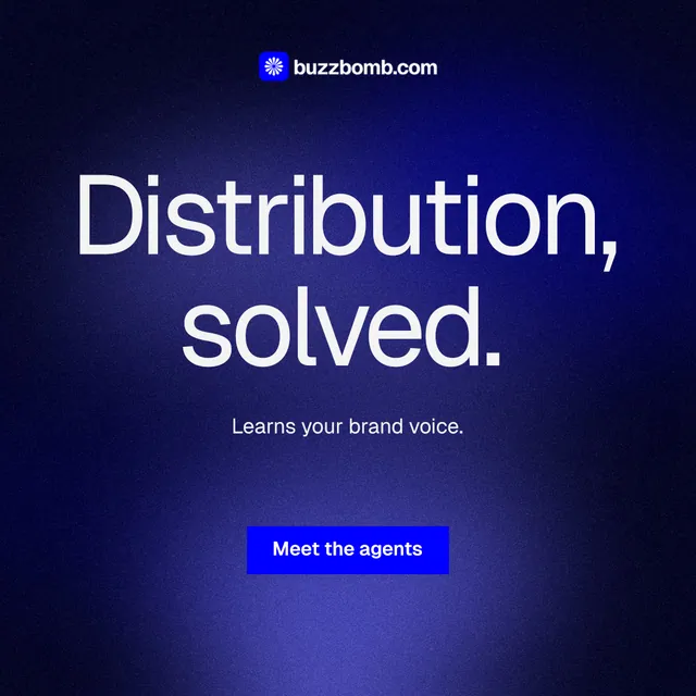 Instagram post for BuzzBomb: "Distribution, solved." Swiss style, centred layout, dark palette in black, blue.