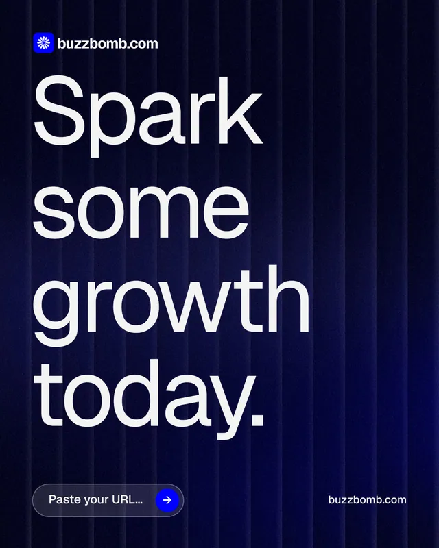 Instagram portrait post for BuzzBomb: "Spark some growth today." Agentic glass style, poster layout, dark palette in blue, black, grey.
