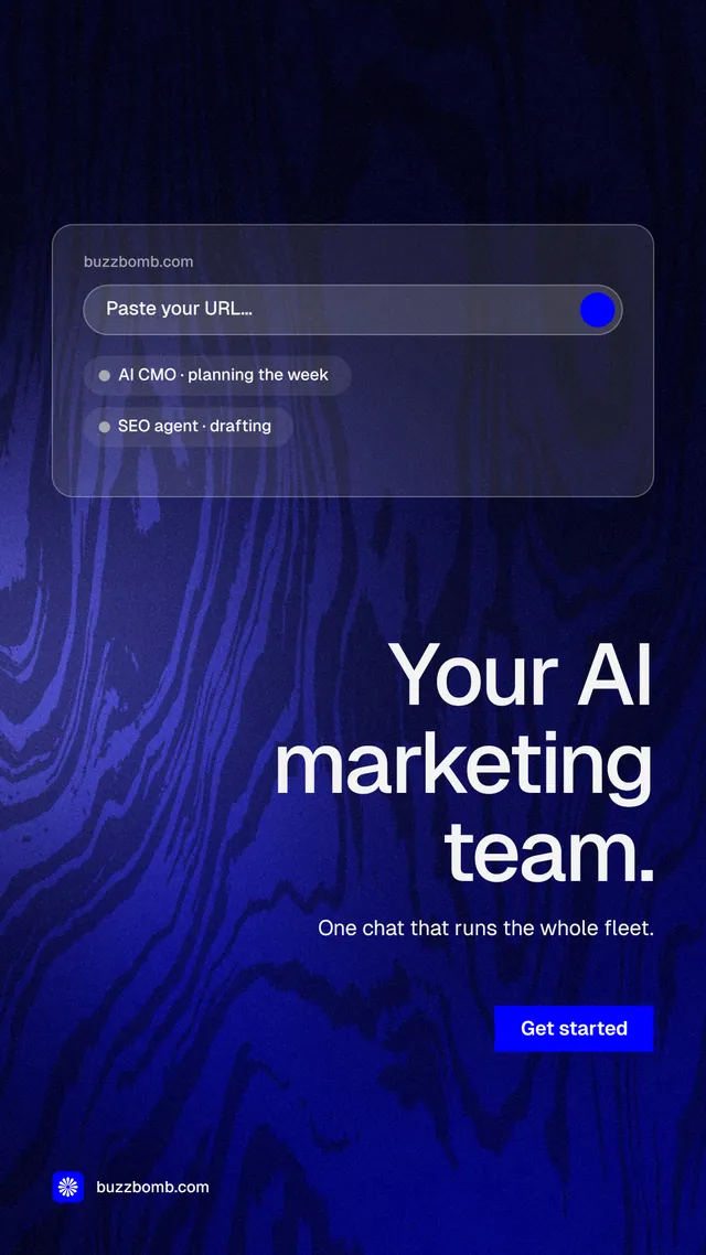 Instagram story for BuzzBomb: "Your AI marketing team." Swiss style, right layout, dark palette in black, blue.