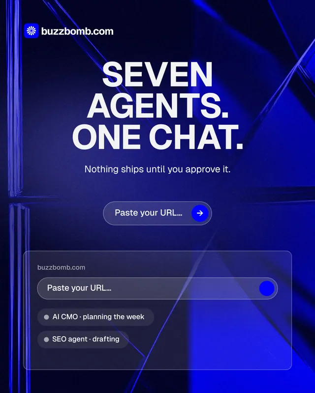 Instagram portrait post for BuzzBomb: "Seven agents. One chat." Agentic glass style, centred layout, dark palette in black, blue.