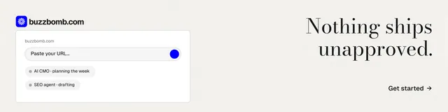 LinkedIn banner for BuzzBomb: "Nothing ships unapproved." Minimal luxury style, right layout, light palette in white.