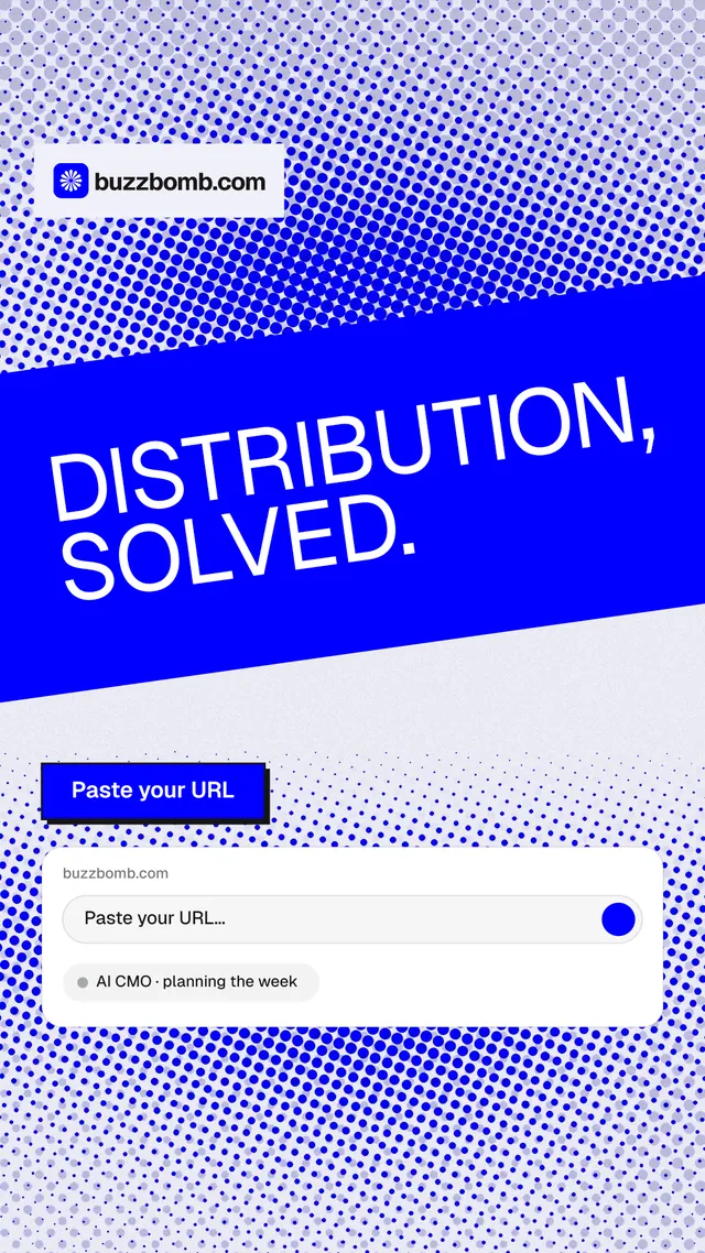 Instagram story for BuzzBomb: "Distribution, solved." Brutalist style, diagonal layout, light palette in blue, white.