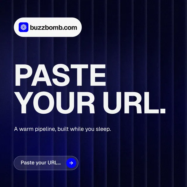 Instagram post for BuzzBomb: "Paste your URL." Agentic glass style, announce layout, dark palette in black, blue, grey.