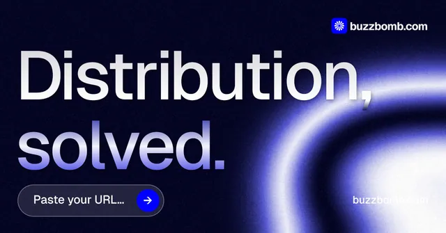 Social ad for BuzzBomb: "Distribution, solved." Agentic glass style, poster layout, dark palette in black, blue.