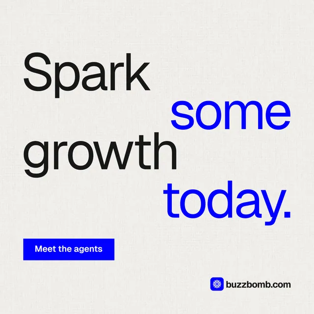 Instagram post for BuzzBomb: "Spark some growth today." Swiss style, stacked layout, light palette in white, blue.