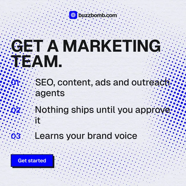 Instagram post for BuzzBomb: "Get a marketing team." Brutalist style, numbered layout, light palette in white, blue.
