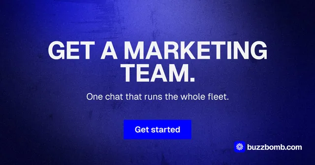 Social ad for BuzzBomb: "Get a marketing team." Swiss style, centred layout, dark palette in blue.