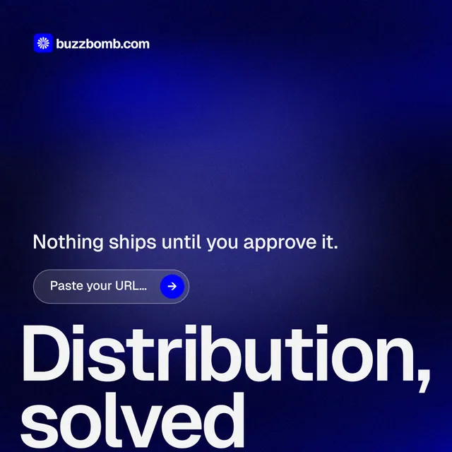 Instagram post for BuzzBomb: "Your AI marketing team." Agentic glass style, oversized layout, dark palette in black, blue, grey.