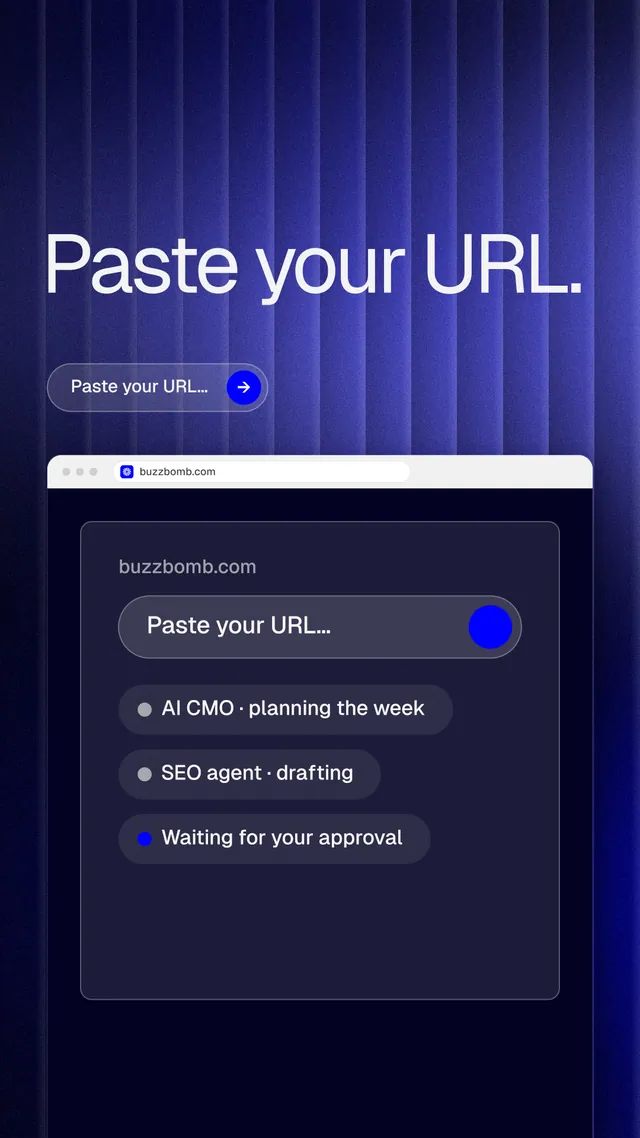 Instagram story for BuzzBomb: "Paste your URL." Agentic glass style, browser layout, dark palette in blue, black.